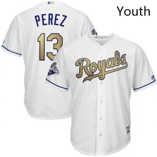 Youth Majestic Kansas City Royals 13 Salvador Perez Authentic White 2015 World Series Champions Gold Program Cool Base MLB Jersey